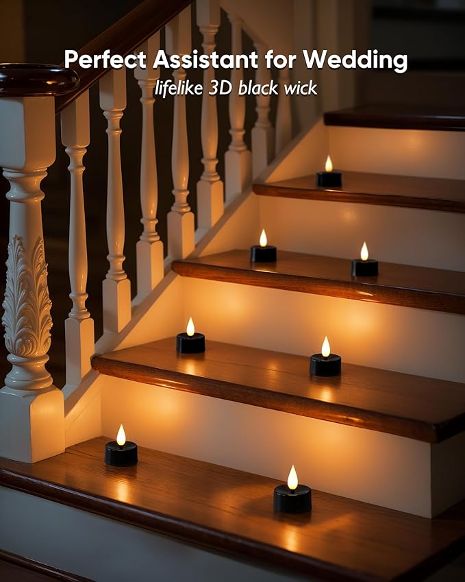 Amagic Flameless Black Timer Remote Tealights Candles, 3D Black Wick Flickering Tea Lights, 300+Hour Colored Votive Candles Battery Operated, Set of 12 for Table Decorations, Pumpkin, Halloween, Party