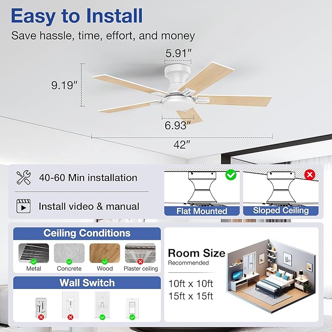 42 Inch Ceiling Fans with Lights,Smart Low Profile Ceiling Fan with Light and Remote Control,Alexa,APP,White Flush Mount Ceiling Fans for Small Bedroom,Patio,Outdoor Indoor Use,Dimmable LED,6 Speed