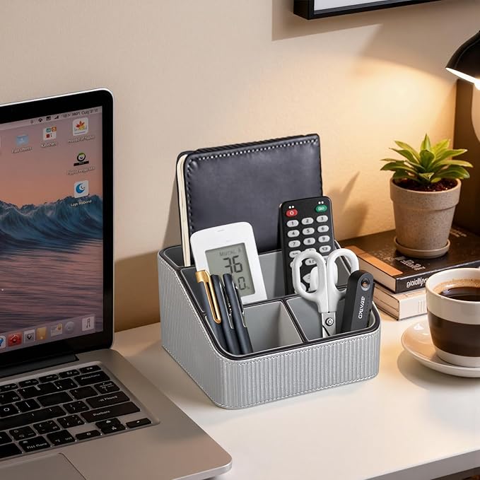 PU Leather Remote Control Holder with 4 Compartments, Small Desk Organizer Office Supply Bedside Caddy, All-in-One Small Bedside Remote Holder Nightstand Desktop Organizer