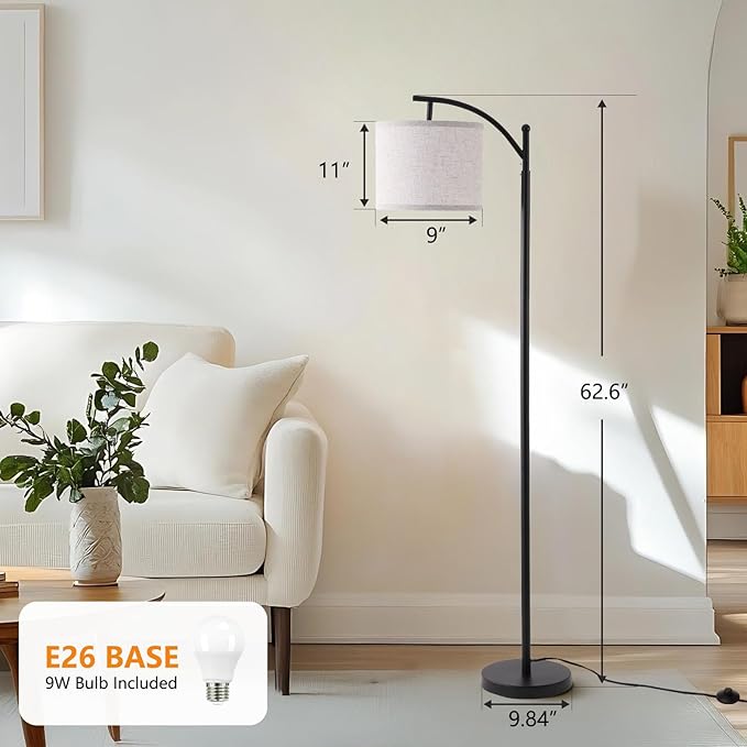 Arc Floor Lamp with 3 Color Temperatures, 9W LED Remote-Controlled Light, Tall lamp with Foot Switch and Timer Function, Modern Standing Lamp for Living Room, Bedroom, Office Reading, Black