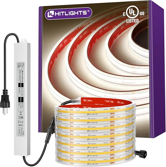 Outdoor COB LED Strip Lights Kit Waterproof White 4000K, 24V Tape Light with Power Supply, IP67, 2560 LEDs, 305 lm/ft, CRI 90+, UL Listed, Premium Lighting for Bathroom, Backyard, Garden, 16.4ft