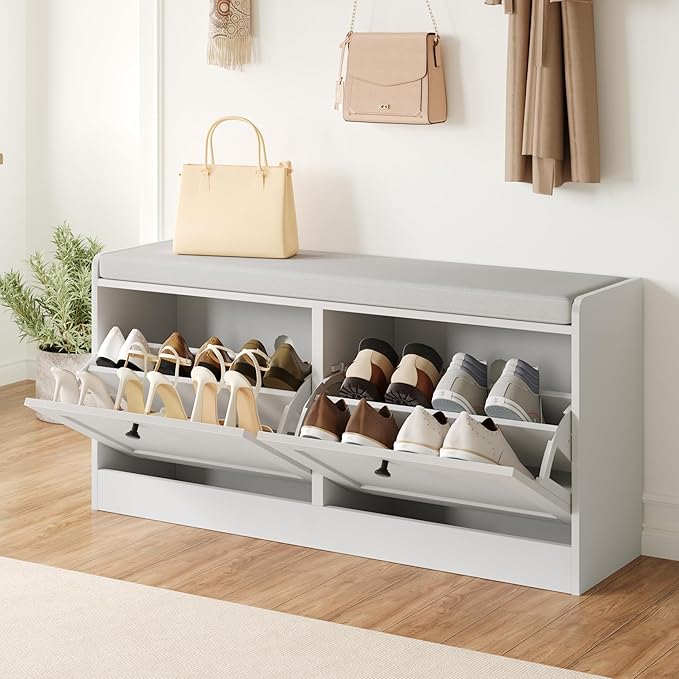 Modern Shoe Storage Bench fits up to Shoe Size 16, Entryway Bench with 2 Flip Drawers and Padded Seat Cushion, Wooden Shoe Bench with Storage for Entryway, Hallway, and Apartment, White