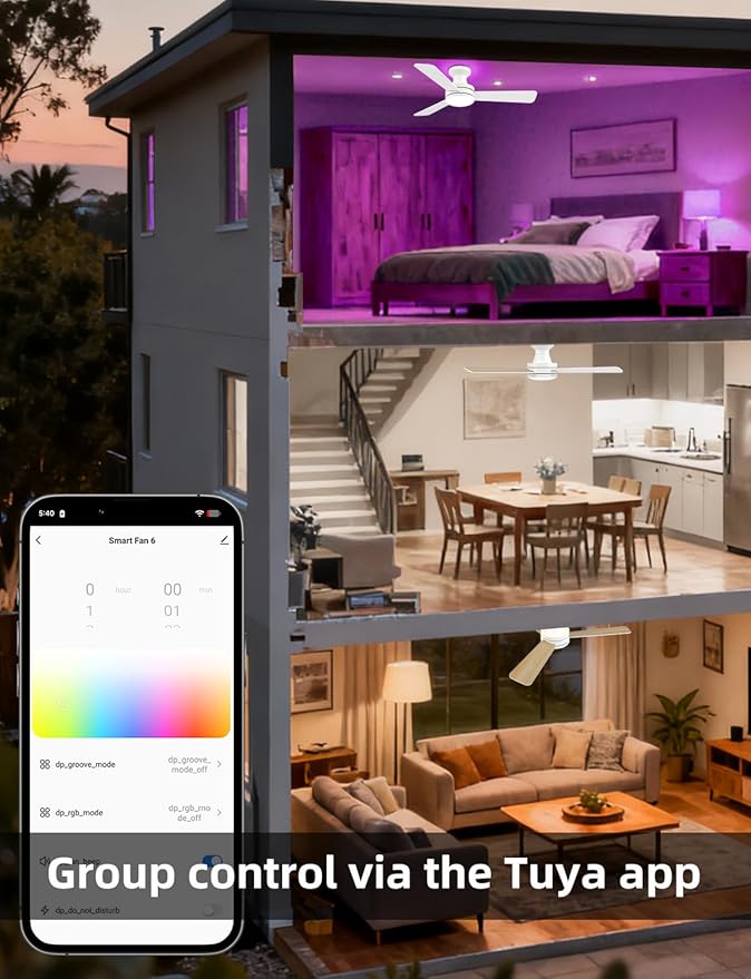42" RGB Ceiling Fan with Light, Music Sync Smart Fan with Alexa/Google/App Control, Low Profile Flush Mount, 6-Speed Quiet DC Motor, 4 CCT Dimmable Lighting for Bedroom Living Room, White