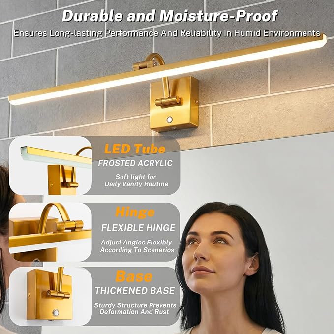 OSYNNIQ Bathroom Vanity Light, 34″ Modern Lighting Fixture Over Mirror Dimmable 16W 6000K LED Light Bar Rotatable Brass Gold Waterproof IP44 Wall Sconce for Makeup Shaving