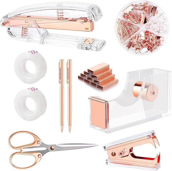 suniya Office Supplies,Desk Accessories,with Stapler,Tape Dispenser,Staple Remover,Scissor,Ballpoint Pen,Clear Tape,Staples,Binder,Best Gift Set(Rose Gold)