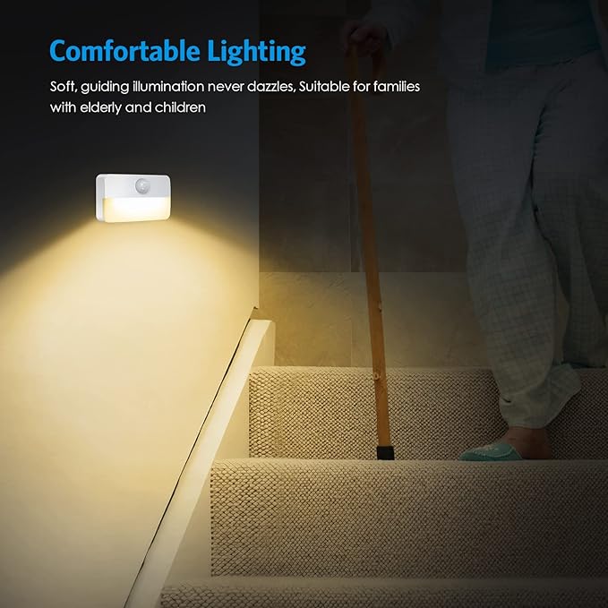 AMIR 4 Pack Mini Motion Sensor Stair Light for Indoor, Battery-Powered LED Night Light, 40 Lumen 3000K, Cordless Closet Lights, Safe Lights for Stairs, Hallway, Bathroom, Kitchen, Cabinet