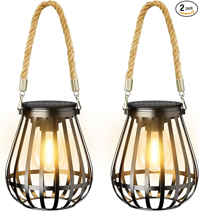 Solar Lanterns Outdoor Waterproof: Metal Hanging Lights for Outside with Rope for Garden, Yard, Patio, Porch, Balcony Decorations, Bright Hanging Solar Lantern Outdoor Decor Gifts for Women