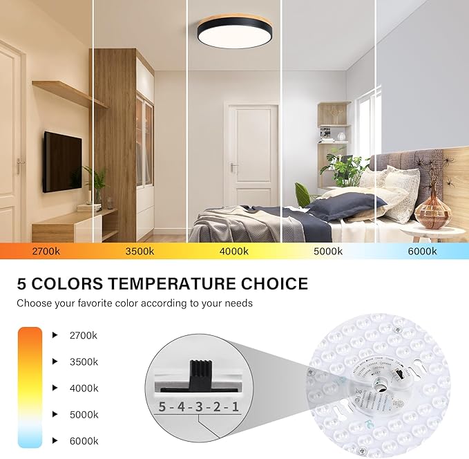 Modern LED Ceiling Light, Dimmable Wood Flush Mount Ceiling Lighting Fixture, 5CCT Round Wood Close to Ceiling Lamp for Kitchen Hallway Bathroom Office Laundry Room Entryway Nursery(Black& 15.75 in)
