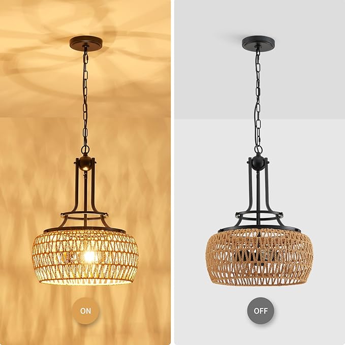 WUZUPS Rattan Boho Chandelier Rustic Farmhouse Industrial Round Coastal Hanging Pendant Light Fixture Wicker Lampshade for Dining Room Kitchen Island Foyer Entryway, H 19.6" x W 15.9", Black