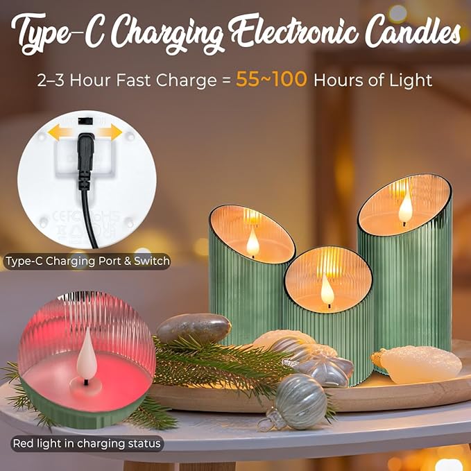 Rechargeable Flameless Candle, Flickering LED Pillar Glass Fake Candle with Remote and Timer, Built-in Battery Real Wax Electronic Candle for Room Decoration, Set of 3