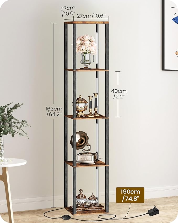 64.2" Display Shelf with Light, Modern Corner Floor Lampe with Shelves, LED Dimmable Standing Lamp with Remote for Living Room, Bedroom, Office, Adjustable CCT, Rustic Brown Square F51LD05