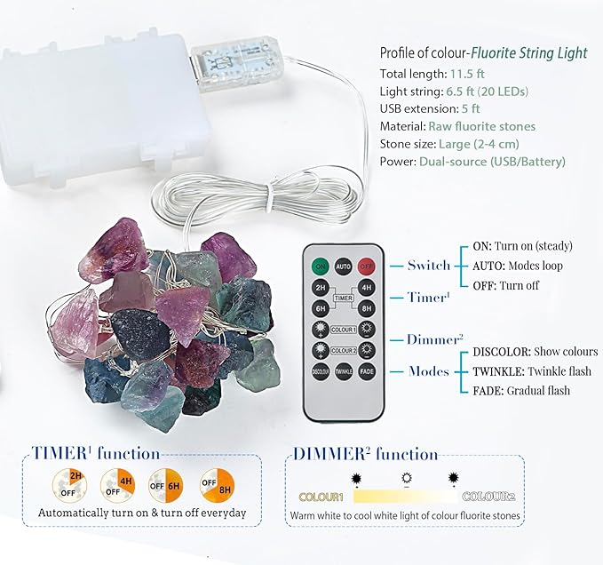 Nature Colorful Fluorite String Lights 6.5 FT 20 LED String Lights for Bedroom USB/Battery Operated Sea Glass Crystal Decor Perfect Decorative Lights for Bedroom Sea Glass Christmas Tree Kit