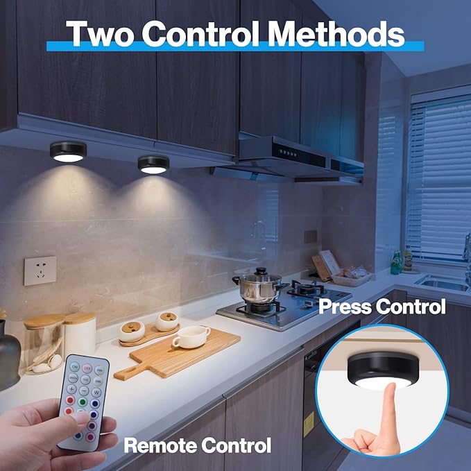 Cadrim Puck Lights, 4 Pack 13 Colors Changeable LED Puck lightings Battery Powered Dimmable Under Cabinet Lights, Battery Powered Under Counter Lights with 1 Wireless Remote Controls, Black