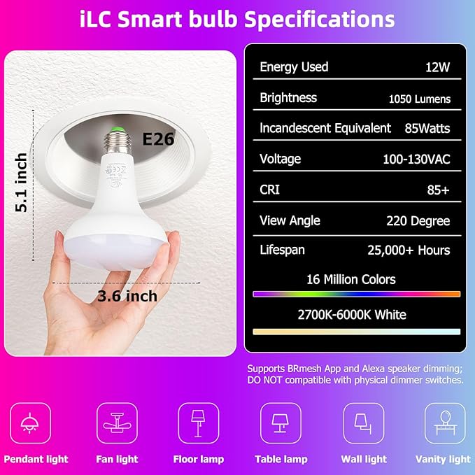 ILC BR30 Led Bulb, Alexa Flood Light Bulbs, Compatible with Alexa Required Echo Device, (Equivalent to 70W) Color Changing, Turnable 2700K-6000K Indoor(6 Packs)
