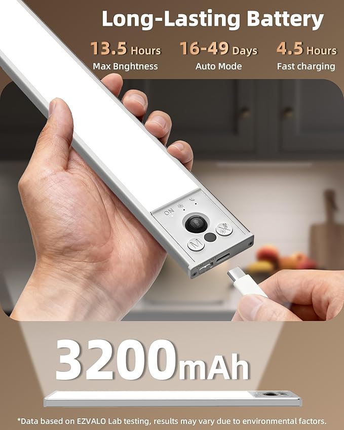 EZVALO 1-Pack Under Cabinet Lights, 3200mAh Rechargeable Motion Sensor Light Indoor, Wireless Closet Lights Battery Operated, with 3 Color Temps, Dimmable, Magnetic, for Kitchen, Stair, Pantry(12inch)