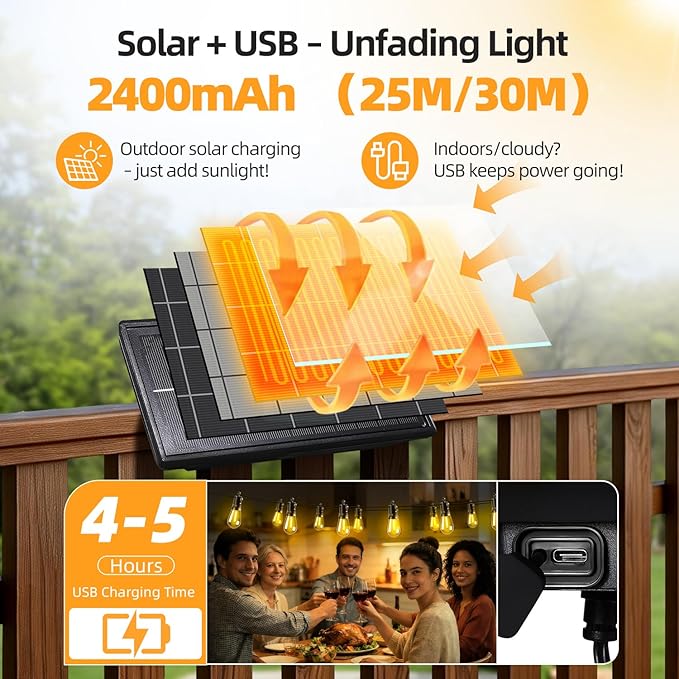 Solar Lights Outdoor Patio Lights: S14 30M 100FT Solar Powered 3 Light Modes Solar Waterproof Light - Shatterproof Bulbs - Camping Backyard Garden Deck Outside Yard