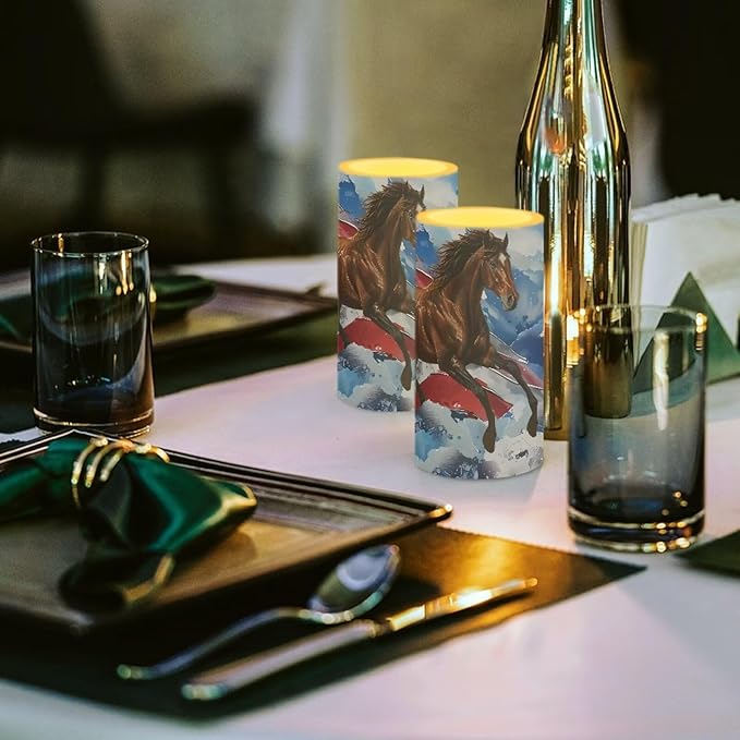 American Flag Flameless Candles 2 Pack 6 x 3 inch Horse Print Battery Operated Candles with Multicolor Timer Remote Control LED Fake Candles for Warm Light Dinner Table Home Patriotic Decor