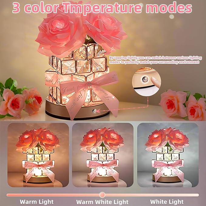 Rose Flower Lamp,Rechargeable Cordless Touch Table Lamp for Bedroom,3-Colour Dimming Small Night Light,Crystal Bedside Lamps with USB Charge,Birthday Valentine's Day Gifts for Women,Mom,Wife,Her