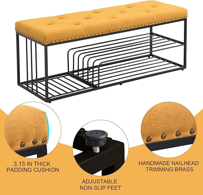 End of Bed Bench-Upholstered Entry Shoe Storage with Nailhead Trim,Black Mental Frame Ottoman Bench for Bedroom Entry Window Mudroom Living Room,Yellow