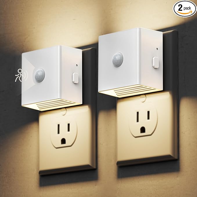 DORESshop LED Night Lights Plug into Wall [2 Pack], Motion Sensor Night Light Brightness Adjustable Motion Activated Nightlight with Dusk to Dawn for Bedroom, Bathroom, Hallway, 3000K, White