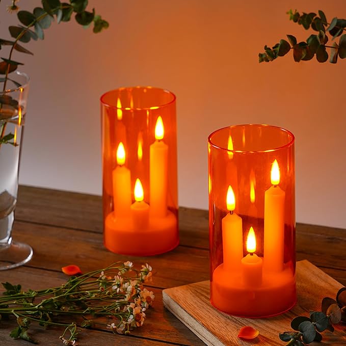 Da by Flameless Candle, Battery-Powered Candle with Remote Control and Timer, LED Three-Wick Pillar Candle, Romantic Wedding, Perfect Home Décor, 2 Pack (Orange)