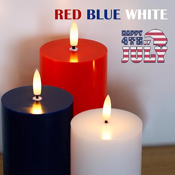 Red White Blue Patriotic Flameless Pillar Candles with Remote, 3 Pack Battery Operated Real Wax LED Candles, Perfect for 4th of July Independence Day Home Decorations Fireplace Table