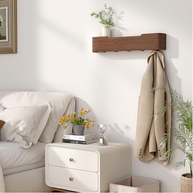 Coat Rack Wall Mount Entryway Organizer Modern Key Holder Wall Mount with Wooden Shelf Entryway Hooks for Bedroom Kitchen Hallway Bathroom for Hanging Coats Hats Dog Leashes Bags Towels