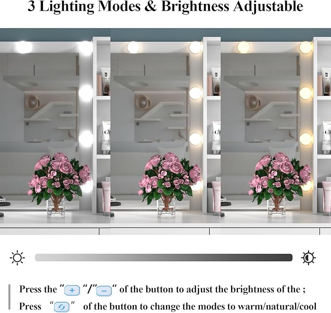39 Inches White Vanity Desk with Lights, 6-Drawers Makeup Vanity Table with Power Strip and Storage Shelves, Dressing Table with Lighted Mirror for Women Girls