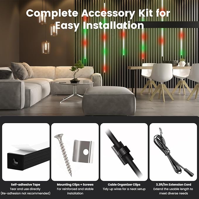 6 Pcs RGB+IC Recessed Lighting for Acoustic Wall Panels, Alexa Compatible RGB Wall Lights for Acoustic Wood Slat Panel, Smart WiFi Self-Adhesive LED Recessed Lights for Slat Decor (2*15+2*25+2*35in)