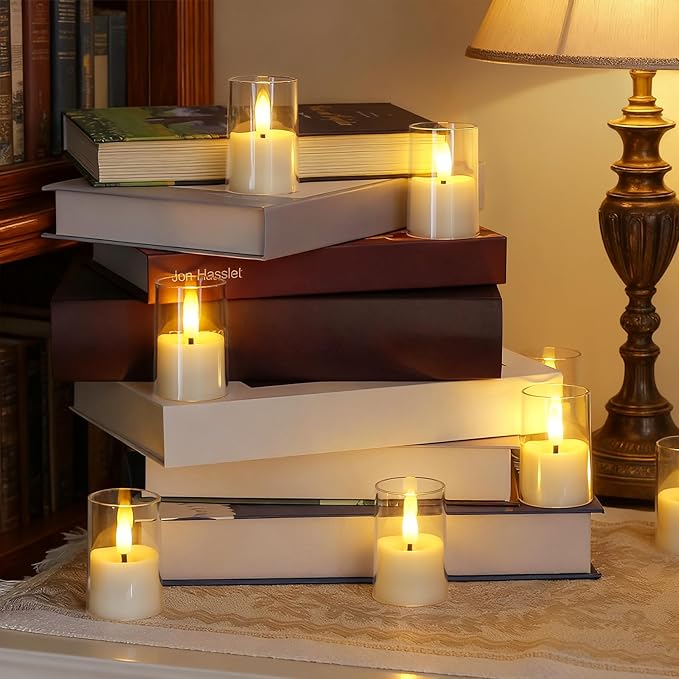 15pcs Battery Operated 1.7" x2.5" Clear Acrylic Remote LED Tea Lights, Flameless 2/4/6/8h Timer Fake Ivory Bulk Votive Candles with Batteries, Flickering Warm Light Pure Plastic Tealights
