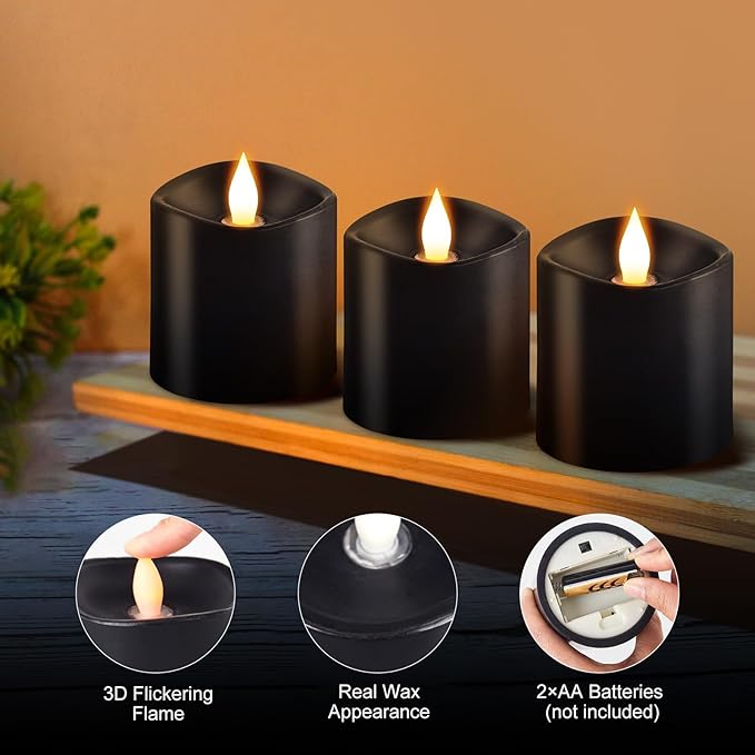 3x3 Flickering Flameless Candles Set of 3, LED Battery Candles Flickering,with Timer, 3 inch Flameless Candles with Remote,Battery Operated Candles, Holiday Home Decor for,Black