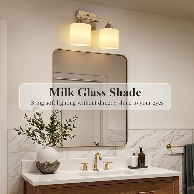 Milk Glass Vanity Lights for Bathroom, 2 Light Brass Bathroom Light Fixtures Over Mirror, Ceramic E26 Sockets Wall Mounted
