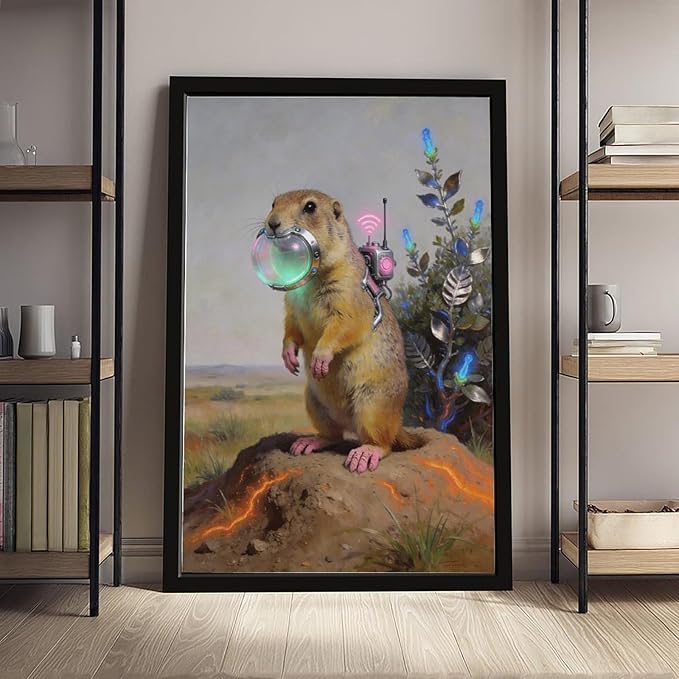 Framed Steampunk Mechanical Prairie Dog Wall Art - Retro-Futuristic Wilderness Poster for Living Room Game Room Decor 08x12in