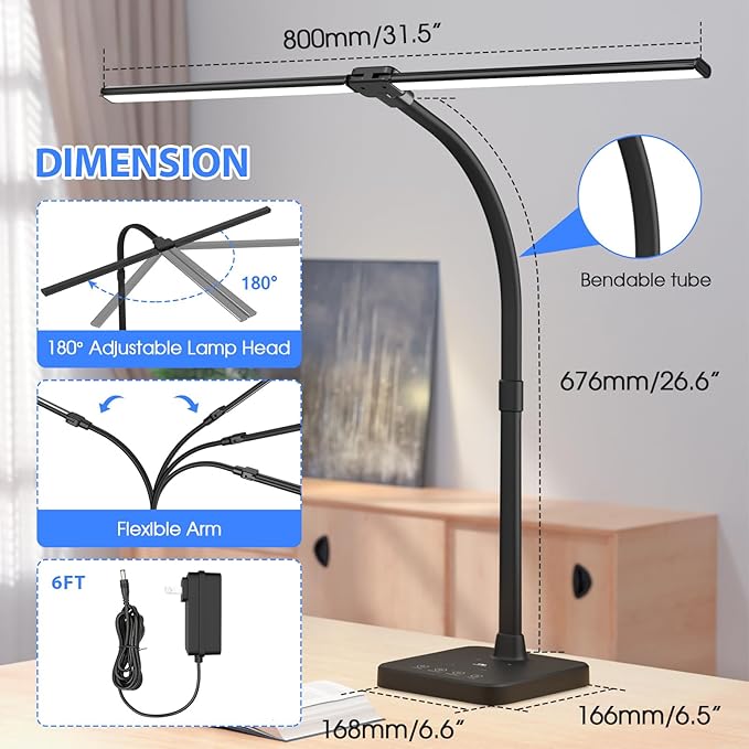 ShineTech LED Desk Lamp for Home Office, 24W Double Head Desk Light with Wireless Charging, USB Port, Adjustable Lamps, 5000K Daylight White