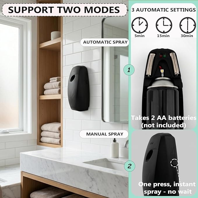 Automatic Air Freshener Dispenser – Wall Mounted Time Mist Spray for Home, Bathroom & Office – Battery Operated Scent Sprayer Compatible with Commercial Air Fresheners(Black)