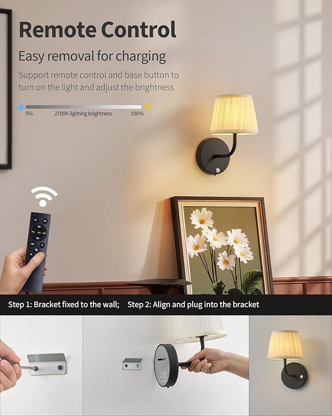 PUSU Motion Sensor Black H9.6 inch Small Wall Sconces Set of 2, LED Cordless Rechargeable 5200mAh Battery Operated Fabric Wall Lamps with Remote, Lighting for Living Room, Bedroom, Hallway, Stairs