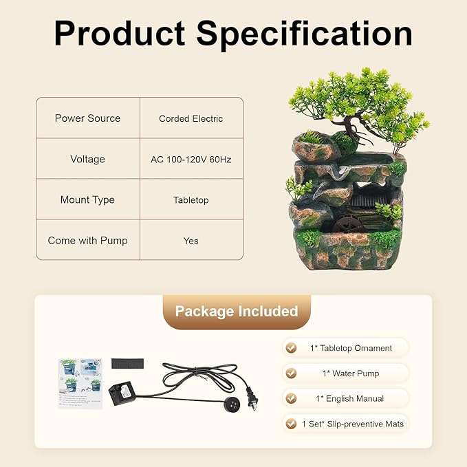 Desk Waterfall Fountain, Water Fountains Indoor Bonsai Desktop Ornament with LED Light, Zen Meditation for Home Office Bedroom Atomizing Humidifier Desk Decoration