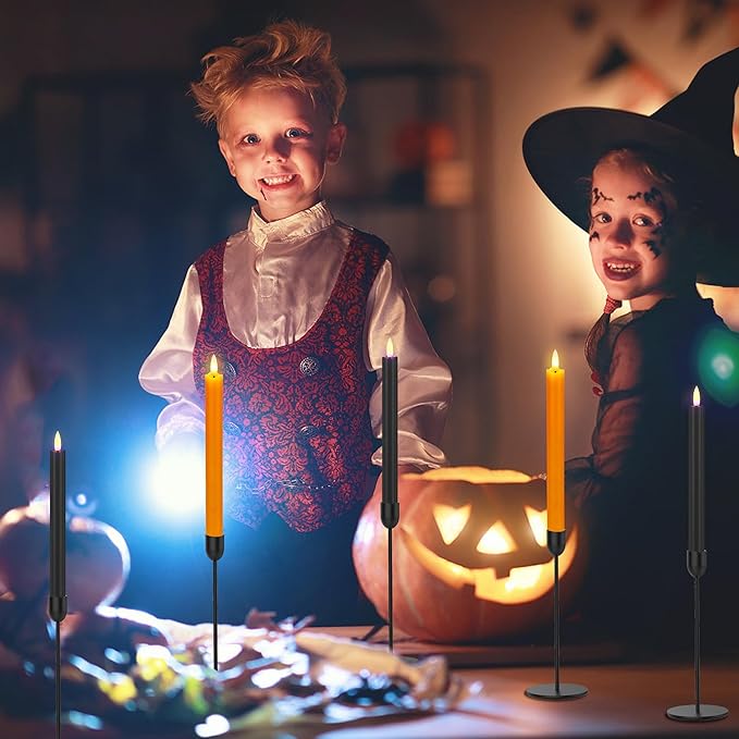 SHENSY Halloween Flameless Taper Candles –6Pack Orange and Black Real Wax LED Candlesticks with 3D Flickering Flame, Battery Operated with Remote & Timer – Spooky Window and Table Decor