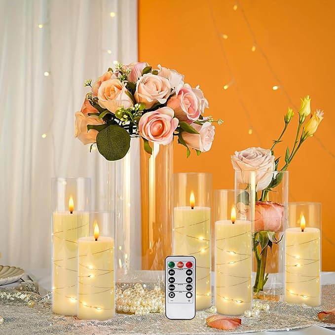 24 Pcs LED Flameless Candles with Remote, 3D Flickering Flame & LED String Lights, Acrylic Clear Cylinder, Timer Function, Romantic Ambience for Home Decor, Party, Wedding.