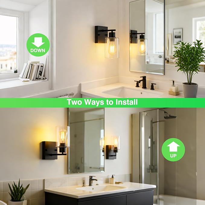 2-Pack Wall Sconces for Bathroom, Matte Black Vanity Lights, Modern Wall Light Fixture with Clear Glass Shade, Farmhouse Wall-Mount Lighting Lanterns, Wall Lamps for Mirror Living Room Bedroom Hallway