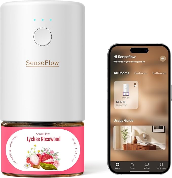 SF101S Pro Smart Plug in Air Freshener for Home, Waterless Essential Oil Diffuser, Aromatherapy Home Diffuser, 120-Day Natural Aroma Mist – Free 30ml Lychee Rosewood (Bright Pink)