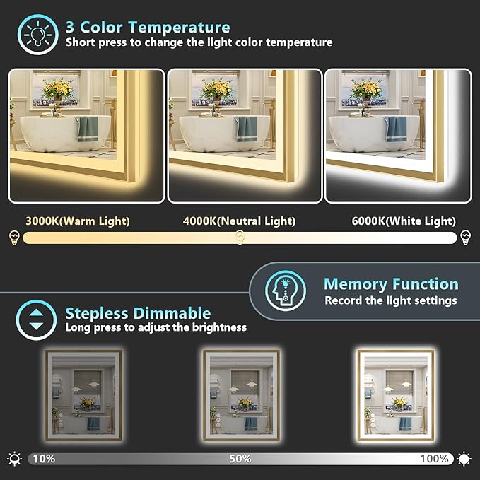 24x36 Gold Beveled LED Bathroom Mirror with Lights, Brushed Gold Framed Backlit and Front Lit Anti-Fog Lighted Vanity Mirrors for Bathroom Wall, Dimmable, 3 Colors, Memory, HD Tempered Glass