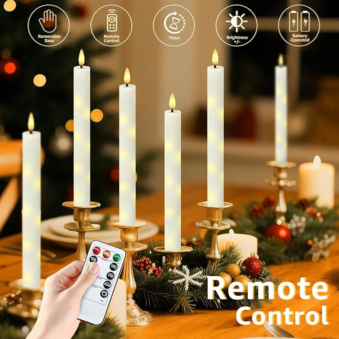 uuffoo 3 Pack Flameless Taper Candles with Remote Timer, Flickering Taper Candles Battery Operated Real Wax LED Fake Candles for Indoor Outdoor Home Wedding Fireplace Decor (Ivory, 0.9 X 9.6 Inch)
