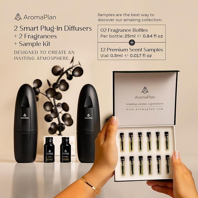 AromaPlan 5 Star Collection Plug in Diffuser (Fragrance+Sample Set Included)-Cold Air & Waterless Diffusers for Home & Office- Silent Wall Diffuser Plug in,Bluetooth App Control, 1000 sq.ft -2 Devices