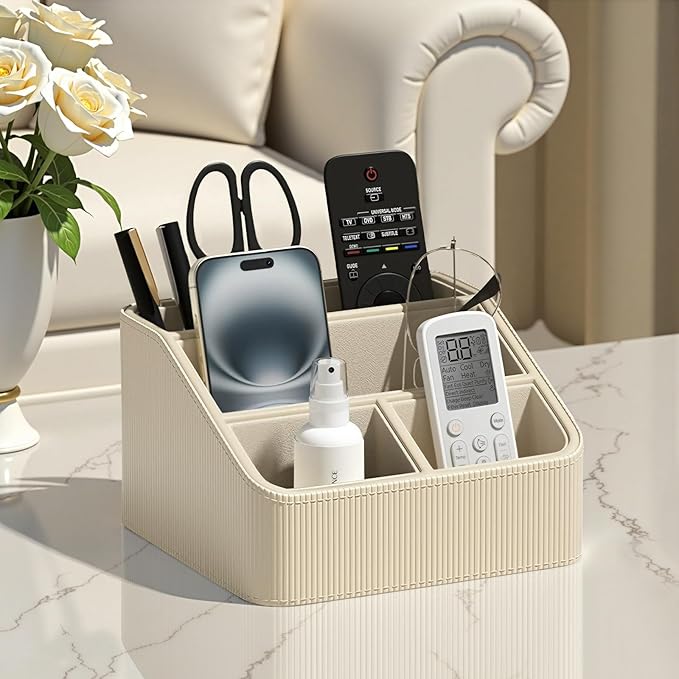 PU Leather Remote Control Holder with 4 Compartments, Small Desk Organizer Office Supply Bedside Caddy, All-in-One Small Bedside Remote Holder Nightstand Desktop Organizer