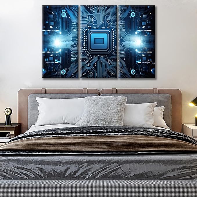 Wall Art Motherboard Digital Chip Framed Wall Art 3D Technology Motherboard Modern Art Quantum Computer Wall Art for Living Room Bedroom Office Wall Decor Framed Ready to Hang (36"Wx24"H)