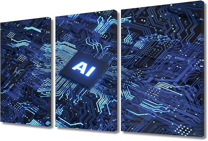 Virtual Network Wall Art 3 Pieces Artificial Intelligence Concept Canvas Art Wall Decor Chip Modern Wall Art Pictures for Living Room Artwork Paintings Giclee Framed Ready to Hang (36"Wx24"H)