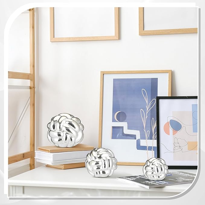 Wenqik Silver 3 Pcs Knot Decor, Chain Link Coffee Table Bookshelf Decor Accents, Entry Table Ceramic Aesthetic Minimalist Decorative Objects for Modern Home Living Room Decoration 3 Sizes