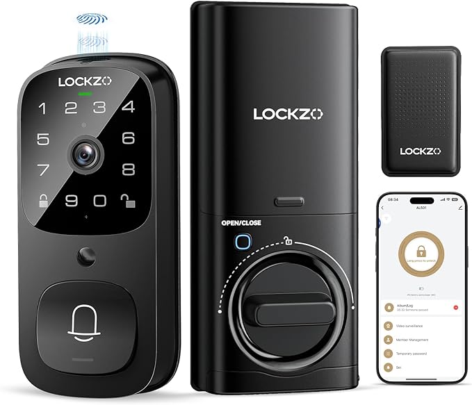 Smart Lock with Camera, 3-in-1 WiFi Doorbell Keyless Entry Door Lock, Deadbolt Lock for Front Door, Fingerprint, Keypad Code, App Control, IP65 Waterproof, BHMA, Support Alexa&Google Assistant
