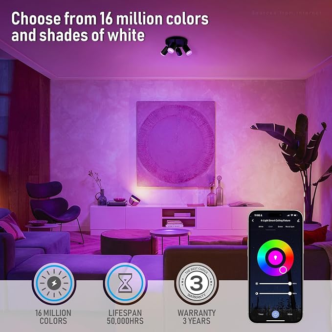 LEONLITE Smart LED Ceiling Spotlight Fixture, Dimmable Ceiling Spot Lights Indoor, CRI90, Work with 2.4GHz WiFi & Bluetooth, 4 Lights Flush Mount, APP Voice Control, 16 Million Colors, Black